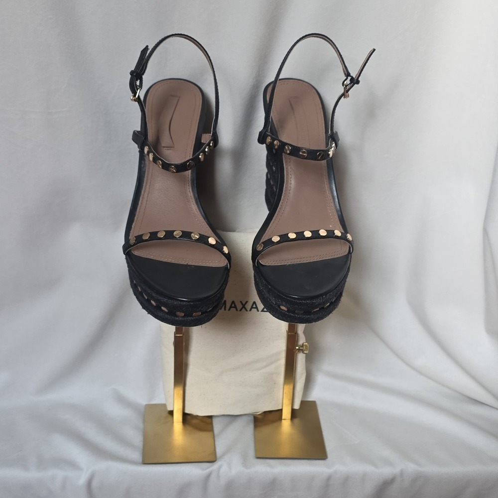BCBGMAXAZRIA Paige Women's Black Calf Leather Studded Wedge 10M